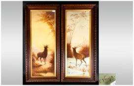 Pair of Coloured Lithographs of Stags, Probably German Late 19th Century In Oak Frames, One Stag