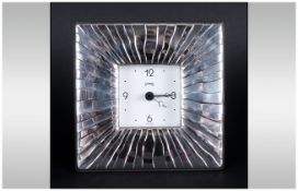 Silver - Art Deco Style Starburst Desk Clock with Mahogany Back. Hallmark Sheffield 2002. 4.5 x 4.