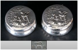 Edwardian - Pair of Circular Silver Lidded and Hinged Pill Boxes. The Covers Decorated with Raised