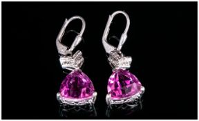 Pair of Deep Pink Quartz Drop Earrings, each earring comprising a trillion cut, deep orchid pink