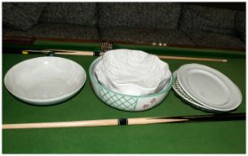 Six Assorted Serving Bowls and Plates comprising three round pottery bowls, one round cake plate