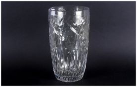 Cut Glass Crystal Flower Vase with etched floral decoration 11 inches in height.