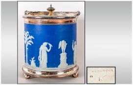 Wedgwood Fine 19th Century Blue and White Jasper Ware Lidded Biscuit Barrel with Silver Plated Cover