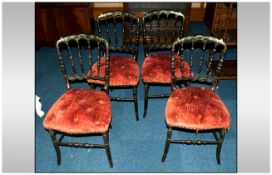 Set Of 4 French Ebonised Parlour Chairs, Shaped Spindle Backs, Button Cushion Seats With Turned