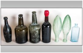 Two 18thC Mallet shaped Green Glass bottles.  Together With A Collection Of Later Bottles