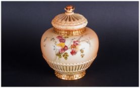 Royal Worcester Handpainted Blush Ivory Fine Pot Pouri Lidded Jar with floral decoration and blush &