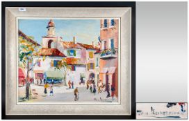 1960's Oil On Board ' St Tropez ' Riviera Street Scene. Date 1965. Palette Knife. Oil on Board.