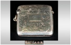 Edwardian Silver Hinged Vesta Case, With Engraved Floral Decoration and Vacant Cartouche. Hallmark