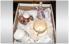 Small Collection of Items comprising Royal Crown Derby Cup and Saucer, Dresden figurine, Beleek