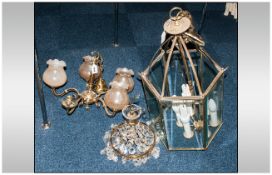 Three Light Fittings Comprising Of: Georgian Style Hall Lantern, 5 branch ceiling light and glass