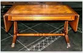 Reproduction Lyre End Mahogany Miniature Coffee Sofa Table with a tooled leather top with flap