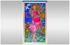 Large Leaded Glass Window, Finely Decorated with a Girl, with Flowing Golden Hair. Wearing a Crimson
