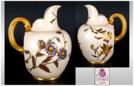 Royal Worcester Ivory Ground Floral Decorated Jug, with Gold Painted Handle. Reg. 29115. Date