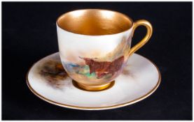 Royal Worcester Handpainted Cup & Saucer Highland Cattle, Signed James Stinton, Date 1914. Cup 2''