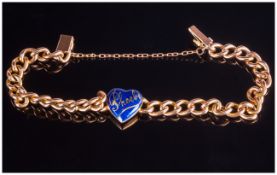 Antique Fine 15ct Gold Curb Bracelet and safety chain. With gold and enamel heart to centre.