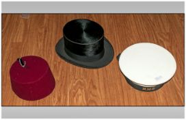 Three Vintage Hats including HMS Sailors Hat, Fez and Mole Skin Top Hat by John Wright of London.