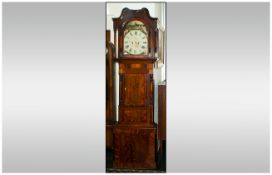 Victorian Longcase Clock, painted dial with seconds and calendar aperture. Flamed mahogany case,