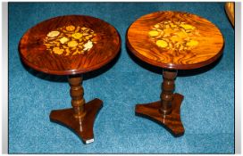 Pair Of Italian Side Tables - Highly polished. Inlaid floral decoration on top. Made In Sorrento.