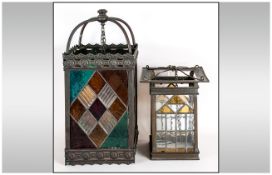 Two Leaded Glass Entry Way Brass Hanging Lanterns, One with a Pressed Brass Frame with Coloured