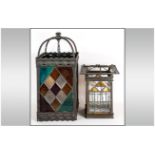 Two Leaded Glass Entry Way Brass Hanging Lanterns, One with a Pressed Brass Frame with Coloured