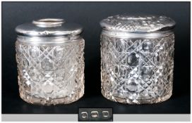Edwardian Ladies Silver Topped Cut Glass Circular Trinket Jars. ( 2 ) In Total. Hallmark