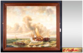Maritime Painting, Signed E. Ponthier ' Ships at Sea ' Rough Water, Oil on Board. Signed and Framed.