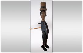 Victorian Wooden Dancing Puppet With Articulated Joints In The Form Of A Gent With A Top Hat. Height