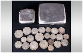 Small Mixed Lot comprising silver cigarette case, silver vesta case, both A/F with knocks and dents.