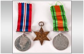 Set Of Three WW2 Medals Including Defence Medal With Ribbon, Service Medal with ribbon & Star.