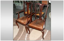 Pair Mahogany Edwardian Queen Anne Style Arm Chairs, with leather drop in seats with a Wheatsheaf