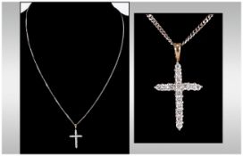 18ct White Gold Diamond Set Cross and Chain. Marked 750. Comprises 16 Diamonds. 16 Inches In Length.