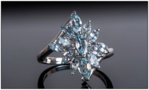 Brazilian Aquamarine Cluster Ring, a cluster of marquise cut aquamarines, in a diamond shape, with a