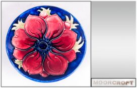 Moorcroft Pin Dish ' Clematis ' Pattern on Blue Ground. 4.5 Inches Diameter. Mint Condition.