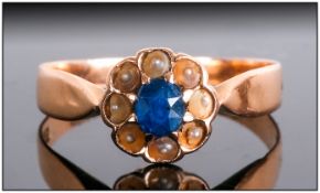 Antique 18ct Gold Set Sapphire & Pearl Cluster Ring flowerhead setting. Marked 750