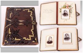 Late 19th Early 20thC Carte De Visite Album Tooled Leather Cover, Containing Approx 45 Cards And