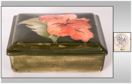 Moorcroft Rectangle Shaped Lidded Trinket Box ' Coral Hibiscus ' Pattern on Green Ground. Label to