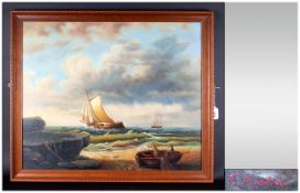 Maritime Painting, Signed E. Ponthier ' Ships of The Coast ' Oil on Board, Signed and Framed. 19.5 x