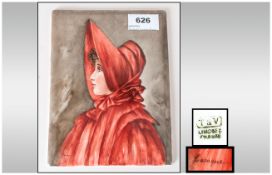 Limoges Porcelain Plaque Depicting A Young Lady In Red Bonnet and Dress 7½ x 6 inches.