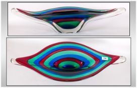 Murano Fruit Bowl Of Futuristic Shape Of Large Size, ribbed band of red, blue, greens in a
