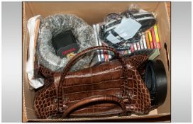 Containing Jaime Mascaro Brown Leather Crocodile Look Handbag, Cunard Pocket Binoculars, Rare 1948