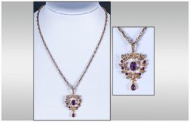 Victorian Very Fine 9ct Gold Set Amethyst & Seed Pearl Pendant Drop, fitted to a 9ct gold fancy