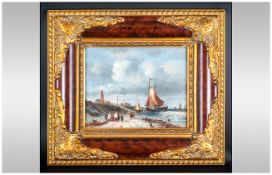 A Late 20th Century Oil on Board - Whitby Coastal Scene with Figures and Boats. Ornate Frame, 7.5