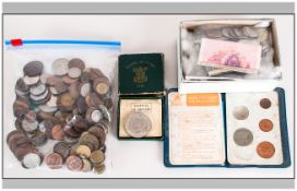 Mixed Lot comprising collection of odd low value coins and bank notes.