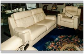 Ivory Coloured Leather Reclining Three Piece Suite, Comprising 2 armchairs & 2 seater settee. settee