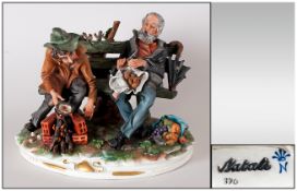 Capodimonte Early and Signed Figure Group ' The Tramps Breakfast ' Signed Natale. 8.5 Inches High,