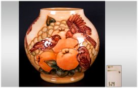 Walter Moorcroft Globular Shaped Bowl ' Ochre Finches and Oranges ' c.1990. Designer Sally Tuffin.