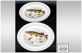 Shelley Fine Pair of Large Fish Decorated Platters. 15 Inches In Diameters. Excellent Condition.