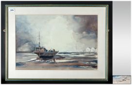 Alex Dowling Framed Watercolour Coastal View Titled Under Repair. 14x21 Inches