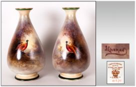 Crown Devon Fielding's Pair of Hand painted and Signed Vases, Titled ' Game ' Pheasants In a