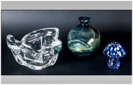 Three Pieces of Cut Glass, A Medina Type Blue & Yellow Vase, Speckled Blue Mushroom, Freeform